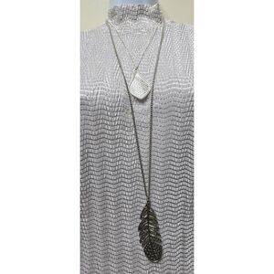 Two Silver Tone Pendant Chain Necklaces 34" Feather 17" Filagree Teardrop